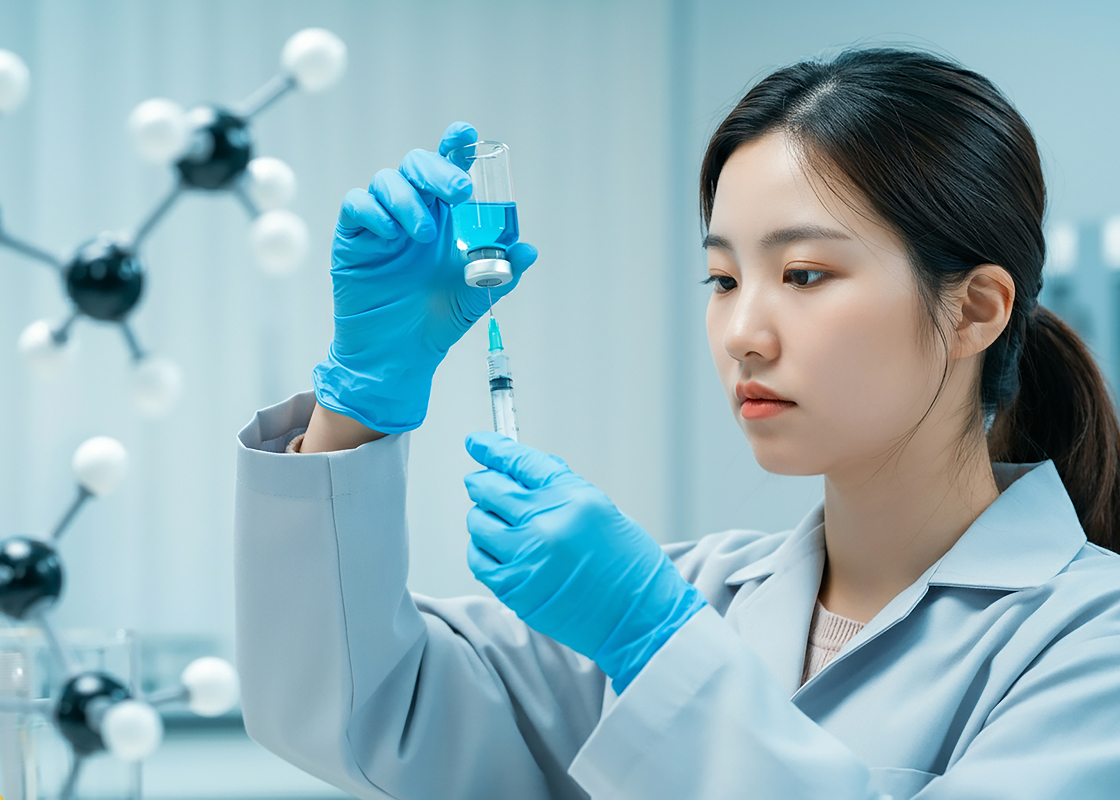 실험실에서 보호장비를 착용하고 시약을 다루는 여성 연구원